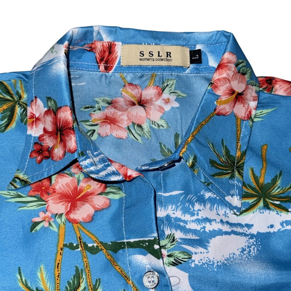 SSLR Button Up Shirt Women Large Blue Flamingo Tropical Floral Short Sleeve Camp